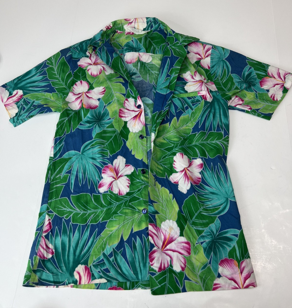 Vtg Hilo Hattie Hawaiian Tropical Hibiscus Floral Camp Shirt Blue Green Pink Sm
